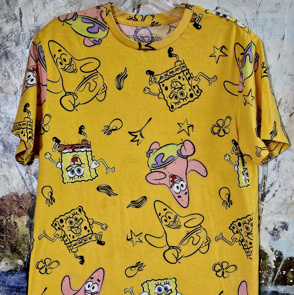 Nickelodeon SpongeBob SquarePants T-Shirt All-over Print Yellow Juniors Sz L